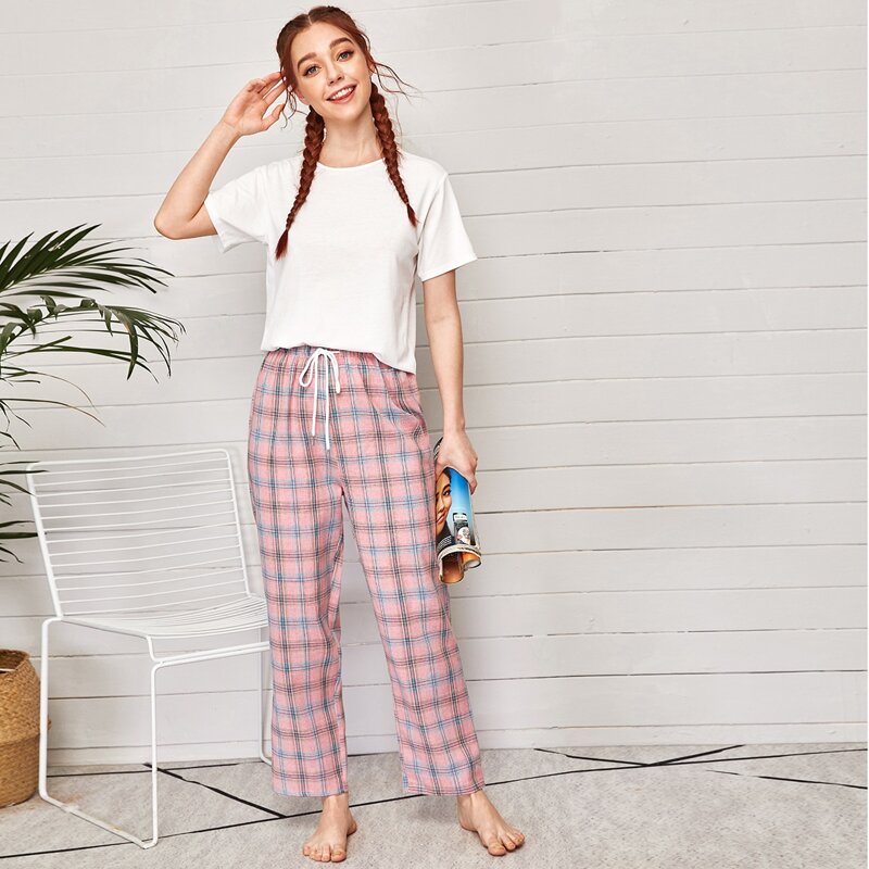 

Plaid Drawstring Waist PJ Set, Multicolor