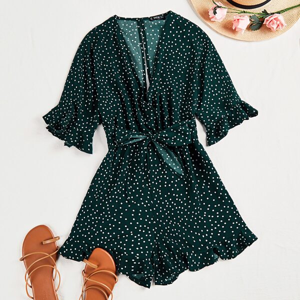 

Polka Dot Open Back Belted Romper, Dark green