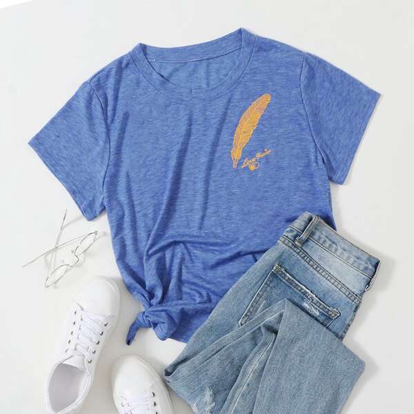 

Feather And Slogan Graphic Tee, Blue