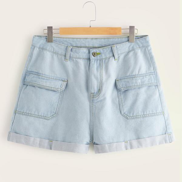 

Plus Stitch Rolled Hem Denim Shorts, Blue