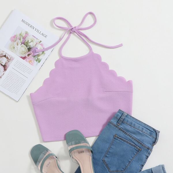 

Scallop Edge Tie Back Crop Halter Top, Lilac purple
