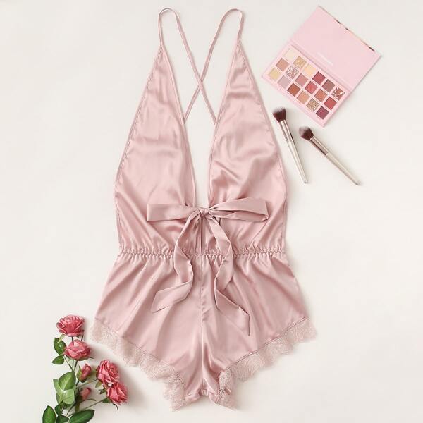 

Lace Trim Plunging Satin Romper Bodysuit, Baby pink