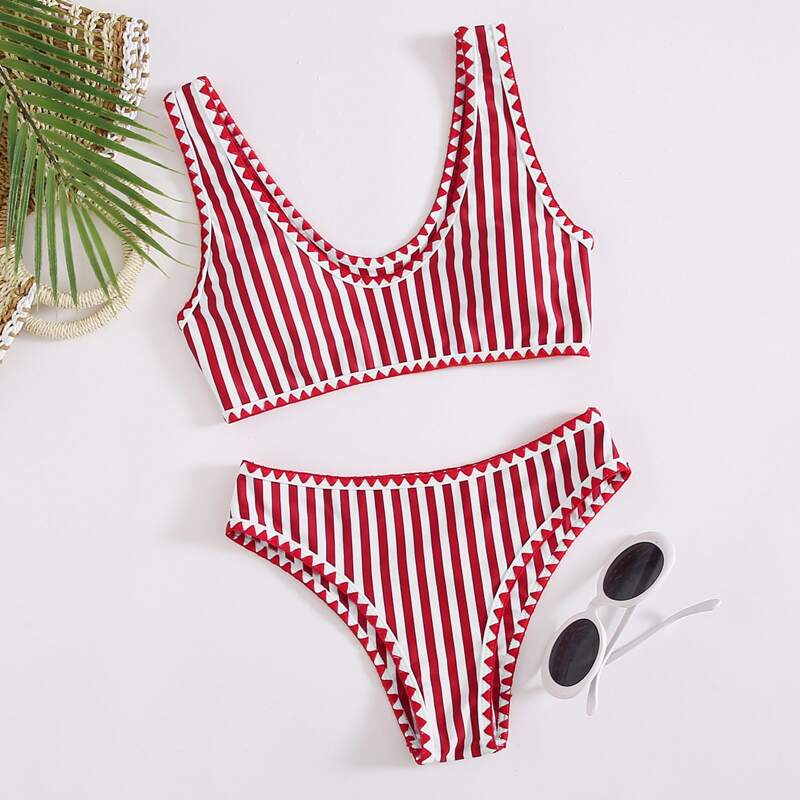 

Striped Whip Stitch Bikini Swimsuit, Red and white