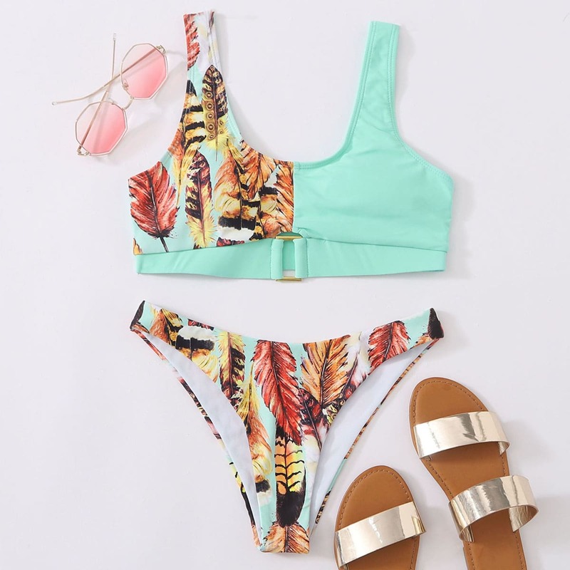 

Feather Print Buckle Bikini Swimsuit, Multicolor
