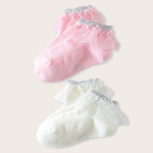 

2pairs Toddler Girls Mesh Trim Socks, Multicolor