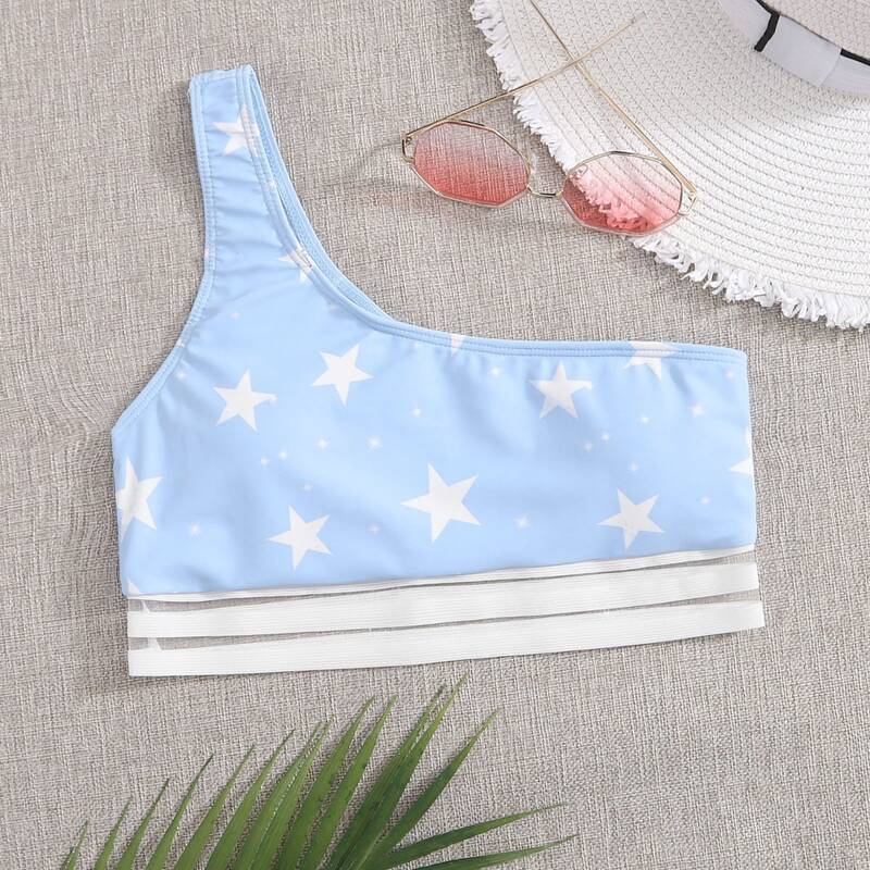 

Star Print One Shoulder Bikini Top, Baby blue