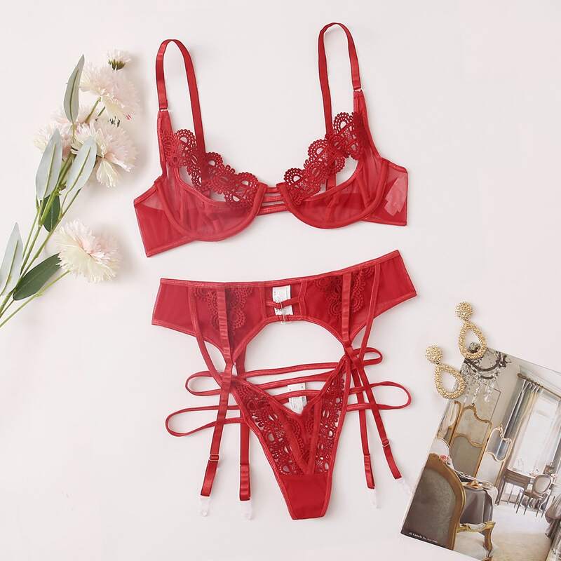 

Crochet Trim Mesh Garter Underwire Lingerie Set, Red