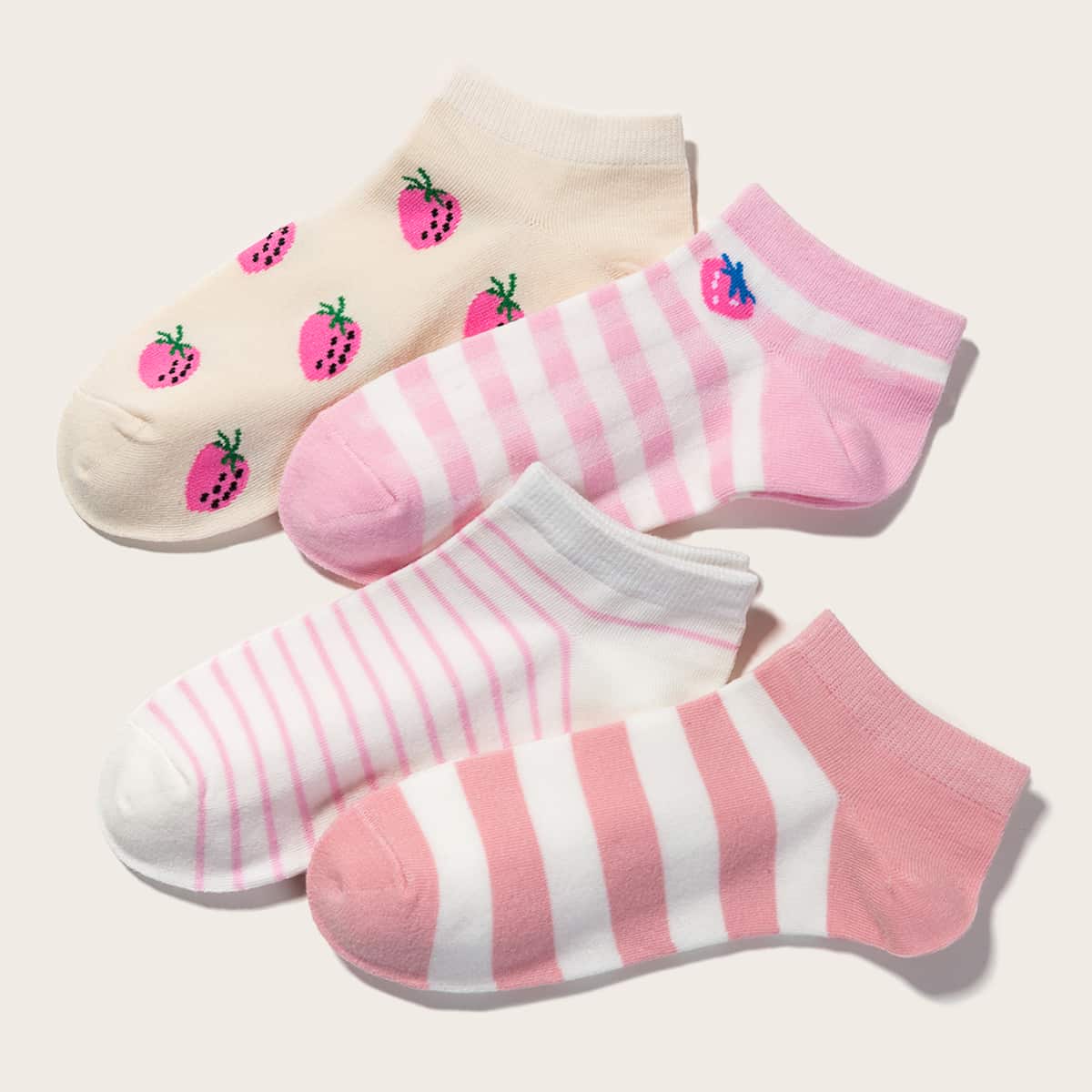 

4pairs Strawberry Pattern Socks, Pink