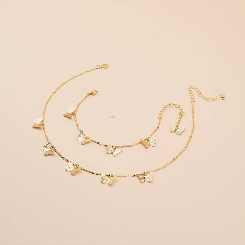 

2pcs Butterfly Bracelet & Charm Necklace Set, Gold