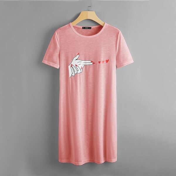 

Hand and Heart Print Tee Dress, Pink