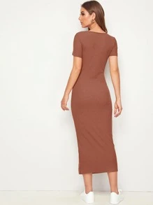 Mulvari Vestido tejido de canalé con abertura con botón - Óxido marrón - Ver 2