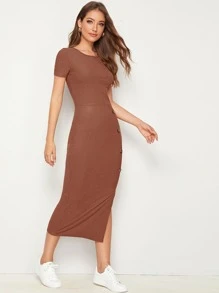 Mulvari Vestido tejido de canalé con abertura con botón - Óxido marrón - Ver 3