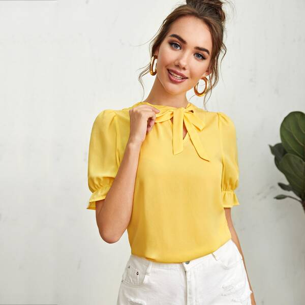 

Tie Neck Ruffle Cuff Solid Top, Yellow