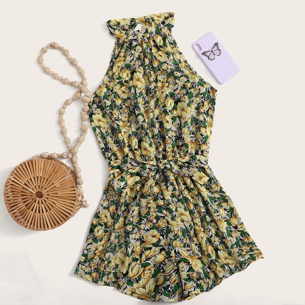 

Floral Print Belted Halter Romper, Multicolor