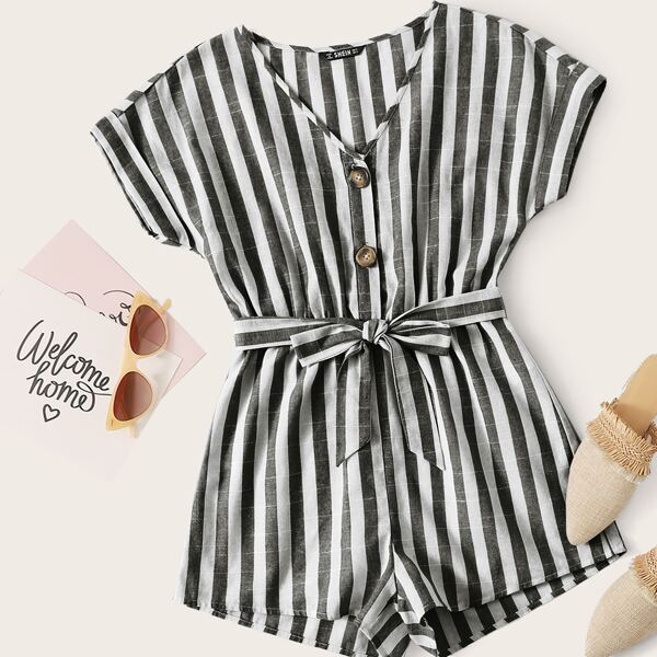 

Buttoned Front Cuffed Self Belted Striped Romper, Black and white