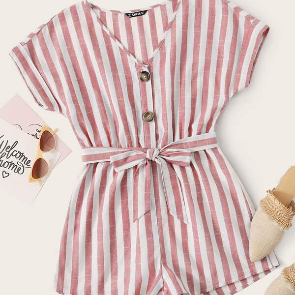 

Buttoned Front Cuffed Self Belted Striped Romper, Red and white