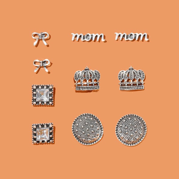 

5pairs Rhinestone Engraved Stud Earrings Set, Silver