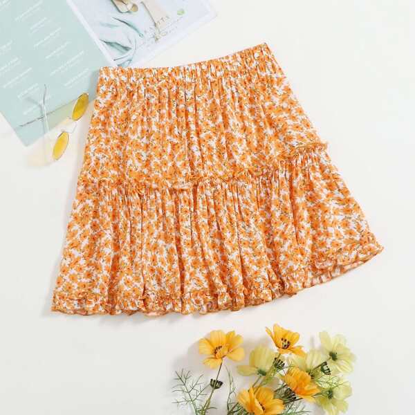 

Layered Frill Detail Ditsy Floral Skirt, Orange