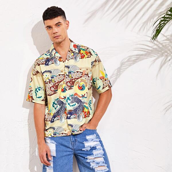 

Men Fish And Aztec Print Shirt, Multicolor