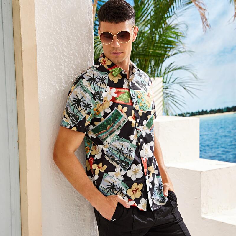 

Guys Tropical Floral Button Up Shirt, Multicolor