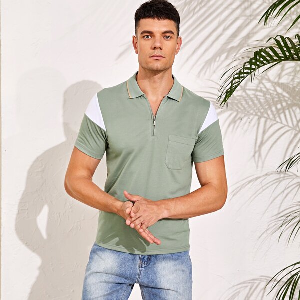 

Men Contrast Panel Half Zip Polo Shirt, Green