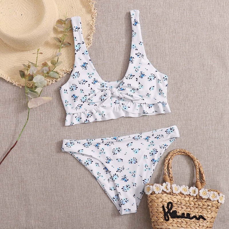 

Ditsy Floral Knot Front Bikini Swimsuit, White