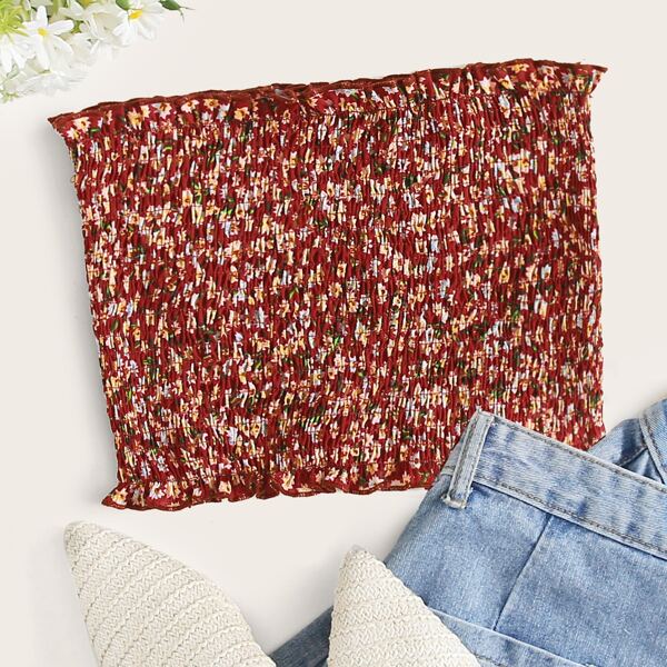 

Frill Trim Shirred Ditsy Floral Tube Top, Multicolor