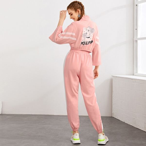 

Half Zipper Placket Letter and Figure Graphic Top & Pants Set, Pink