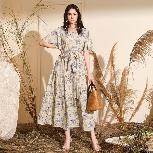 

Allover Floral Flutter Sleeve Belted Long Dress, Beige
