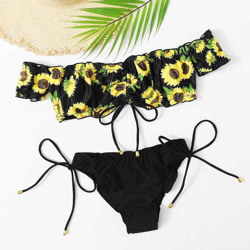 

Sunflower Print Bardot Tie Side Bikini Swimsuit, Multicolor