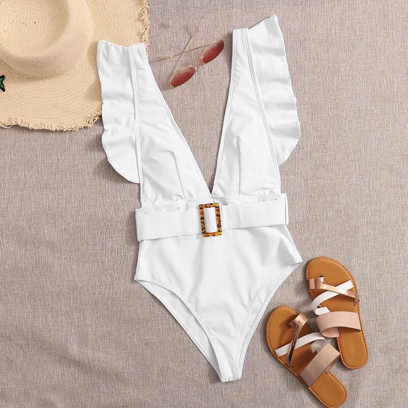 

V-Neck Belted One Piece Swimsuit, White