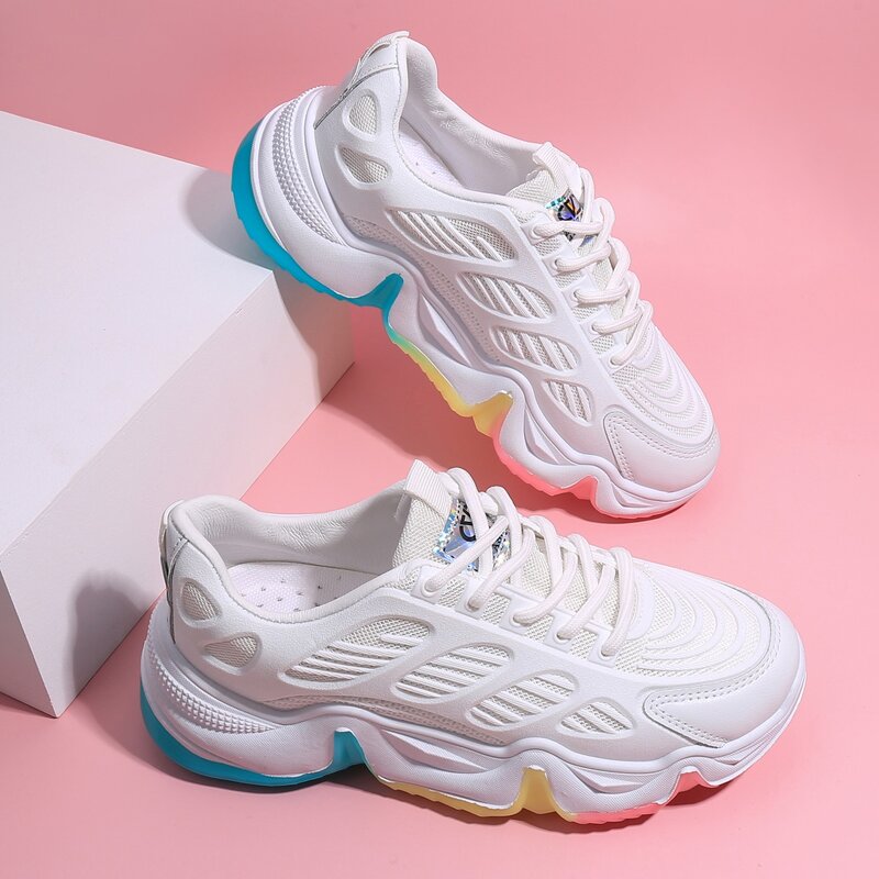 

Lace-up Front Mesh Panel Chunky Sneakers, White