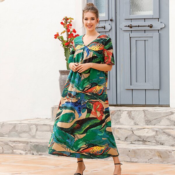 

Oil Painting Print Smock Long Dress, Multicolor