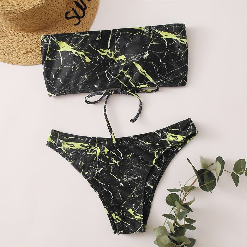 

Marble Pattern Bandeau Bikini Swimsuit, Black