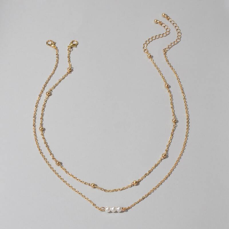 

2pcs Faux Pearl Decor Necklace, Gold