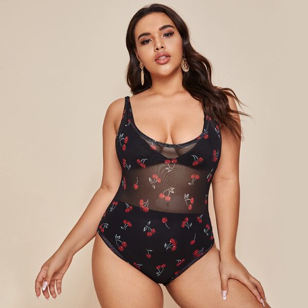

Plus Cherry Print Sheer Bodysuit Without Lingerie, Black