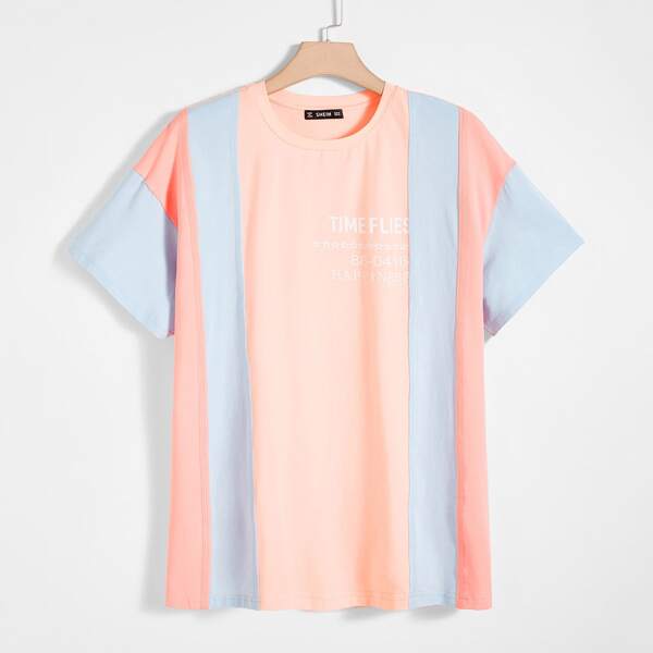 

Men Letter Graphic Contrast Stitch Colorblock Top, Coral pink