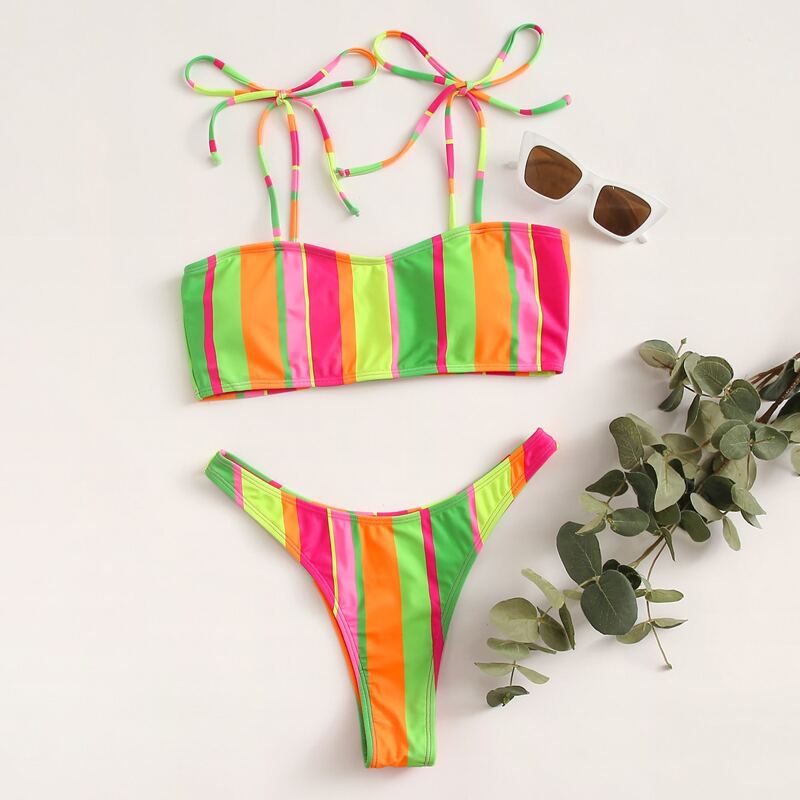 

Colorful Stripe Tie Shoulder Thong Bikini Swimsuit, Multicolor