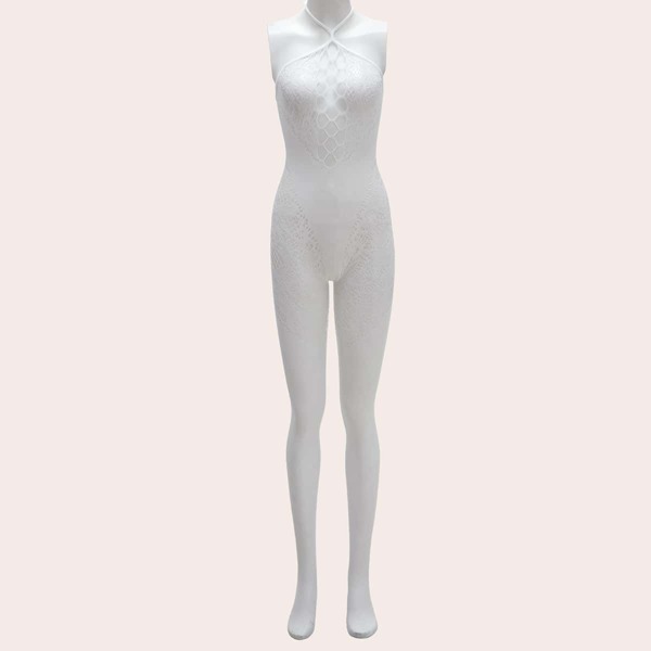 

Contrast Mesh Crotchless Halter Bodystocking, White