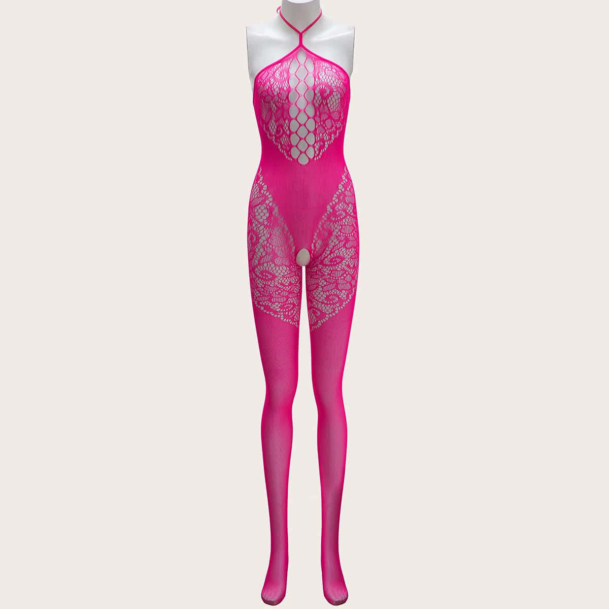 Contrast Mesh Crotchless Halter Bodystocking, Hot pink