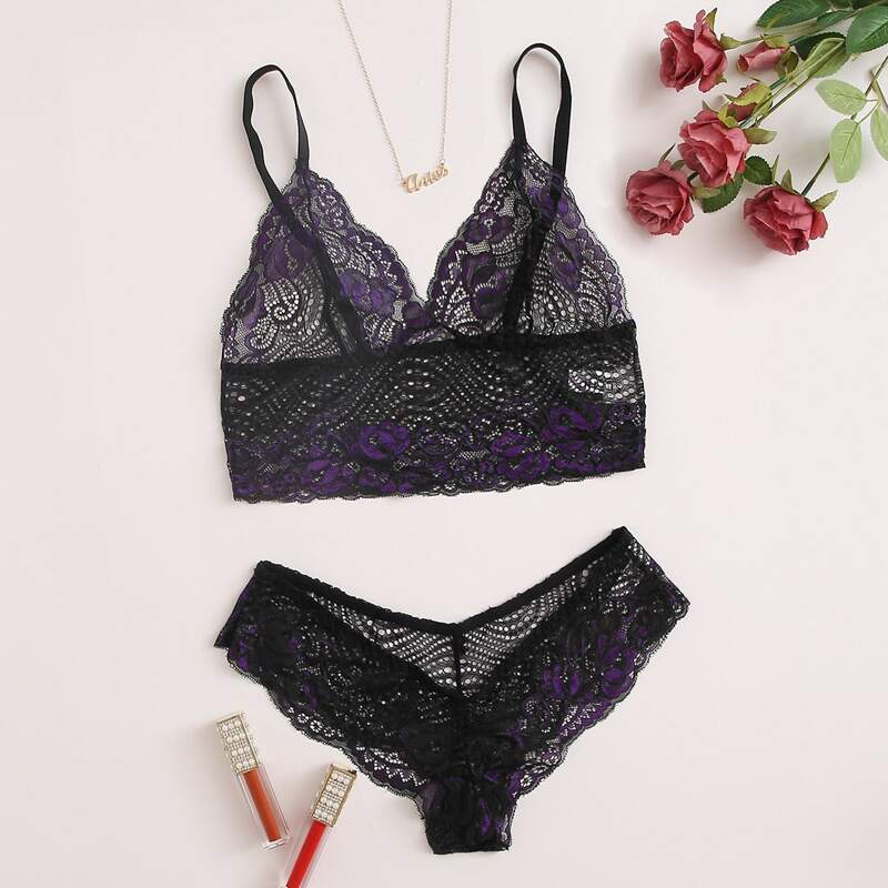 

Floral Lace Lingerie Set, Black