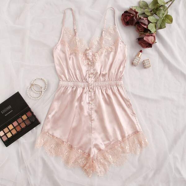 

Floral Lace Satin Romper Bodysuit, Pastel baby pink