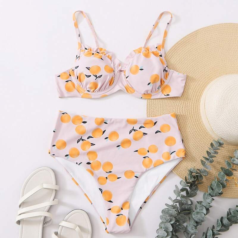 

Orange Print Frill Underwire Bikini Swimsuit, Baby pink