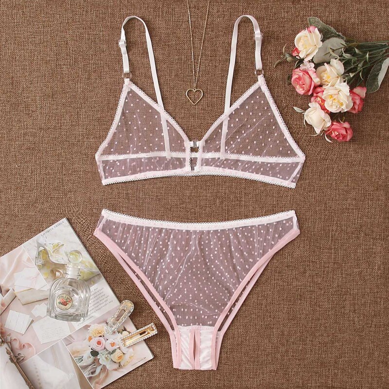 

Dobby Mesh Crotchless Lingerie Set, Pink