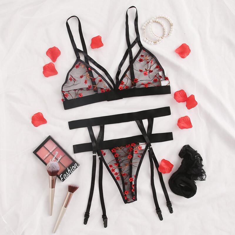 

Floral Embroidered Mesh Garter Lingerie Set & Stockings, Black
