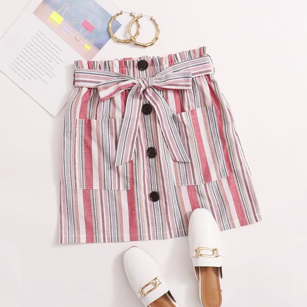 

Striped Button Front Dual Pocket Belted Skirt, Multicolor