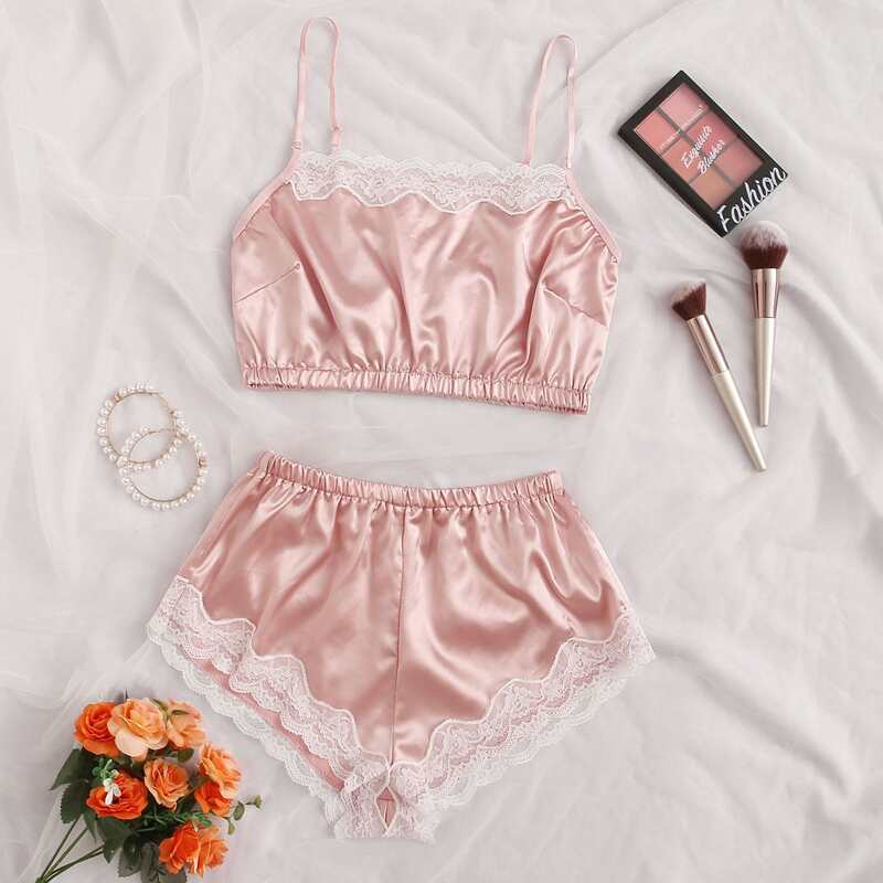 

Satin Lace Cami Top & Shorts Lingerie Set, Pastel baby pink