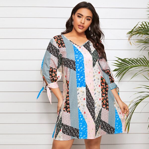 

Plus Knotted Cuff Patchwork Dress, Multicolor
