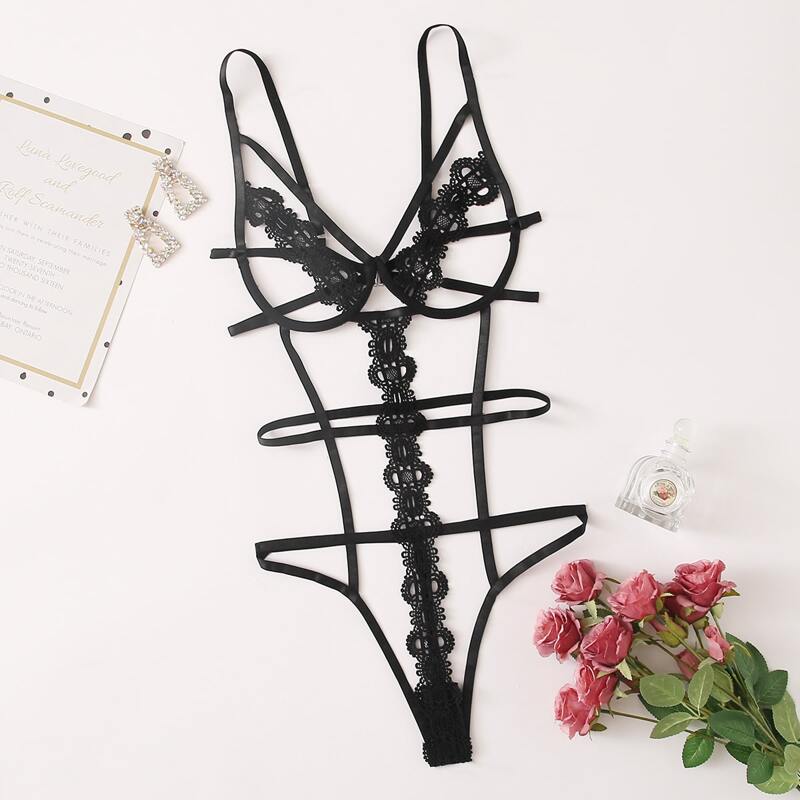 

Cut-out Crochet Harness Teddy Bodysuit, Black