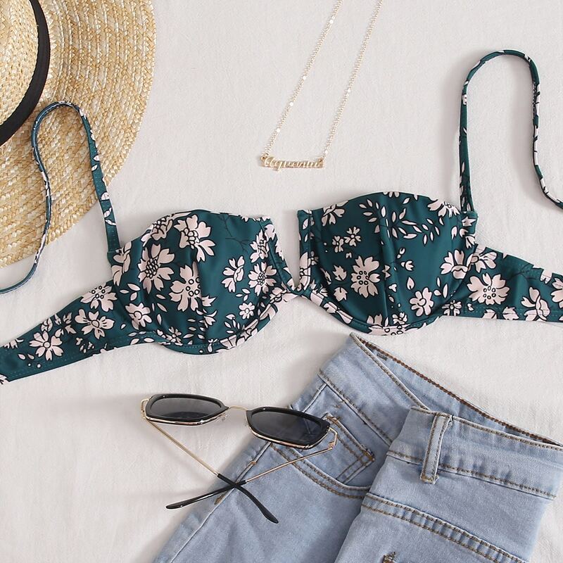 

Floral V Wired Underwire Bikini Top, Dark green